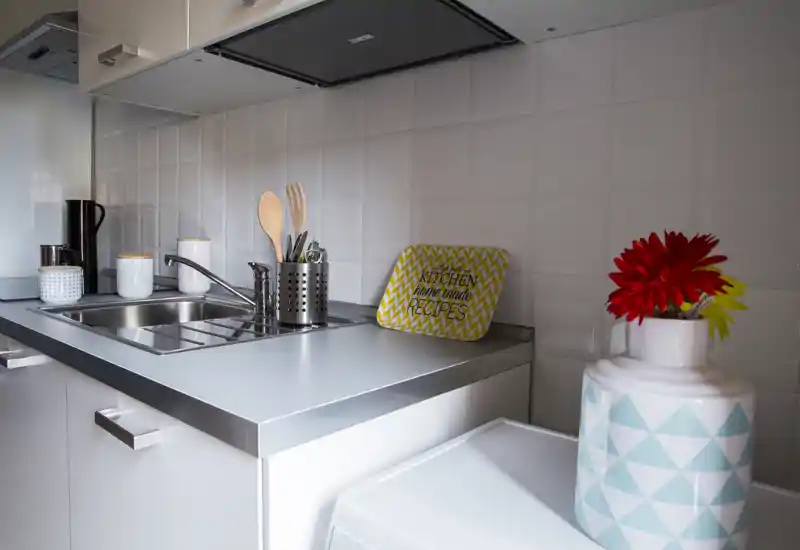 Bright, modern kitchen corner with stainless sink, utensil holder, decorative canisters and a vase with flowers—clean, compact and well styled for a rental listing.