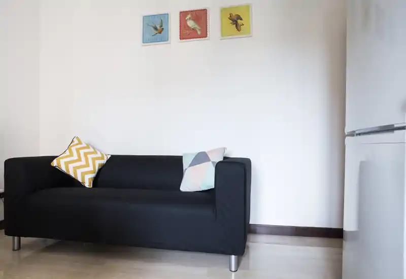 Compact living area with a small black sofa and two decorative cushions against a white wall, bright and simply styled for a cozy corner.