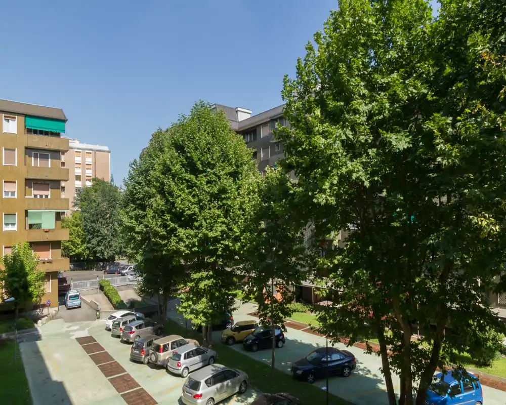 Sunny residential courtyard with mature trees and a small parking lot; several parked cars and apartment buildings visible in the background.