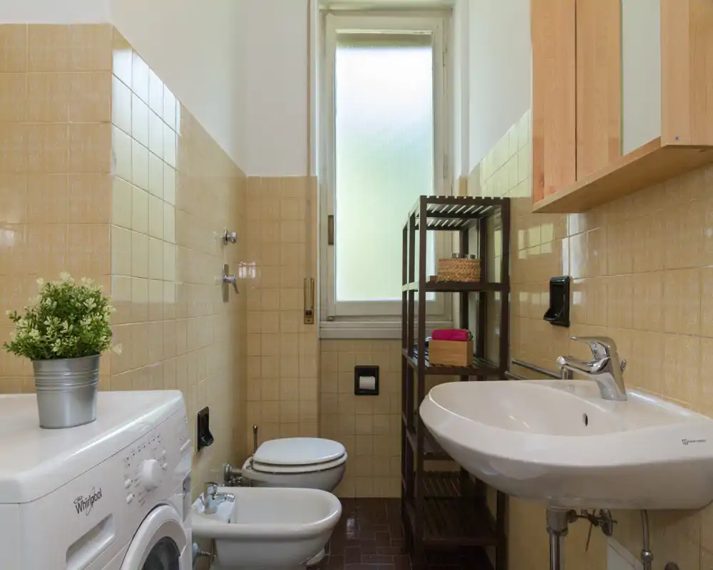 Tidy bathroom with a sink, bidet, toilet and shelving; soft natural light from a frosted window and warm beige tiles create a neat, functional space.