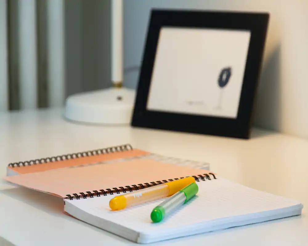 Close-up of a desk surface with spiral notebooks and two pens. A lamp base and a framed print sit blurred in the background — useful for showing workspace details or a study corner.
