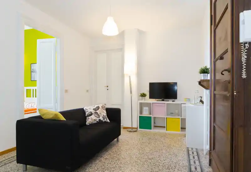 Bright, compact living room with a black sofa, decorative cushions, floor lamp and TV on a cubed storage unit; clean white walls and colorful storage boxes add a modern, welcoming touch.