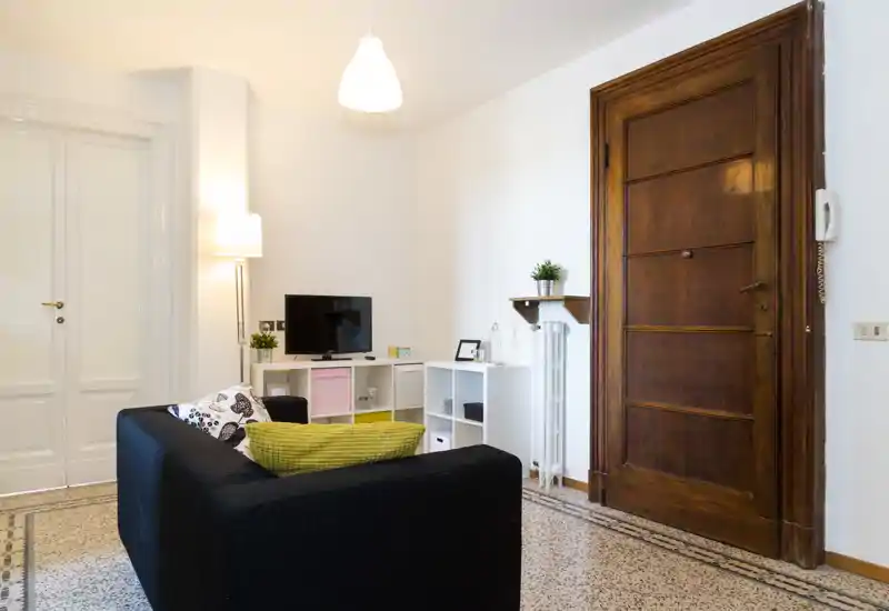 Bright, cozy living room with a black sofa, decorative cushions, TV on a low shelving unit and warm lighting — ideal for relaxing.