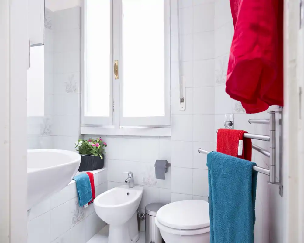 Bright, well-kept bathroom with a sink, bidet and toilet; colorful towels and a towel radiator add fresh accents.
