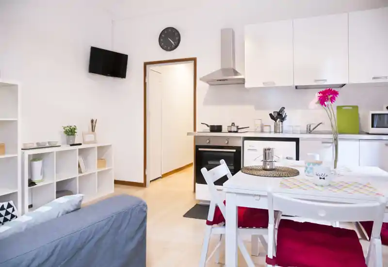 Bright, modern open-plan living area with a small dining table and integrated kitchenette, styled with cushions, plants and a fresh floral accent.