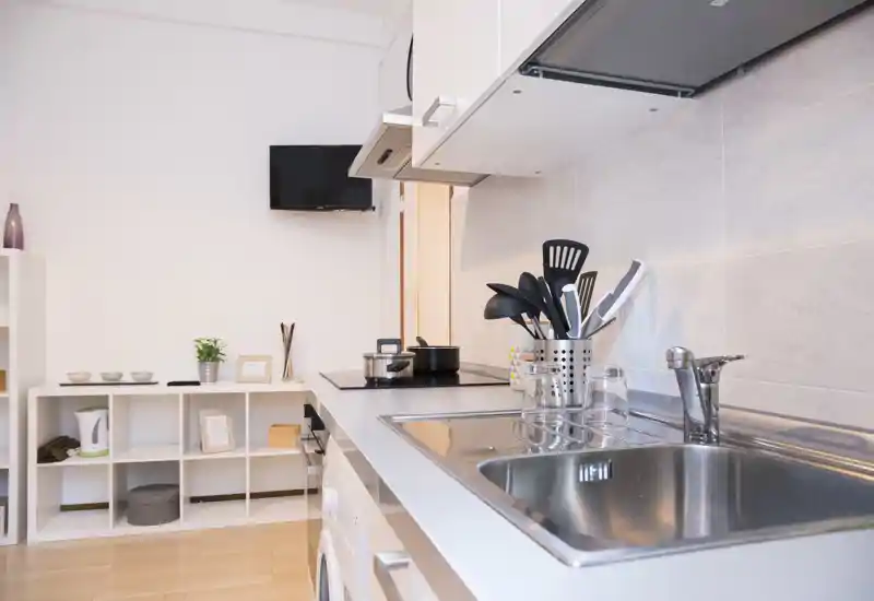 Bright, modern compact kitchen with stainless sink, induction hob and organized utensils; clean lines and light wood flooring create an airy cooking area.
