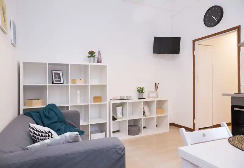 Bright, neatly staged living area with a grey sofa, cushions and open shelving; compact wall-mounted TV and decorative accents create a cozy, modern atmosphere.