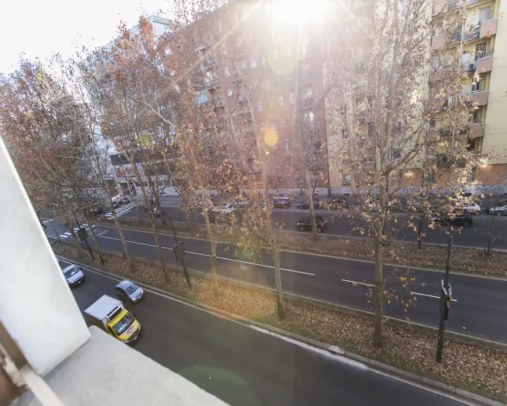 Vista sulla strada da un balcone: viale alberato con auto parcheggiate e palazzo residenziale di fronte, luce calda e foglie autunnali.