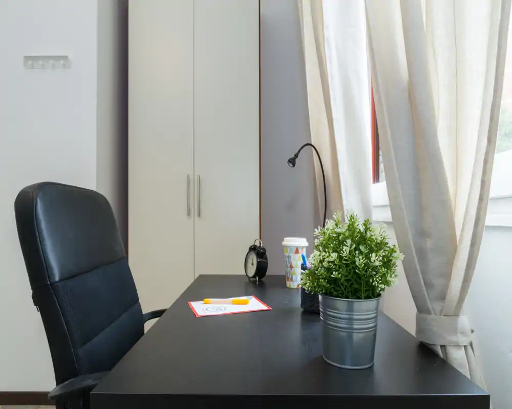 Rincón luminoso con escritorio, silla, planta en maceta y armario visibles; cortinas claras que filtran la luz natural de la ventana.