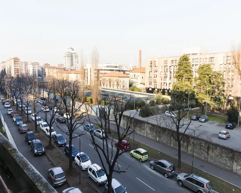 Veduta urbana da una posizione rialzata con auto parcheggiate, alberi spogli e edifici residenziali vicini — ideale per descrivere balconi o finestre con affaccio sulla città.