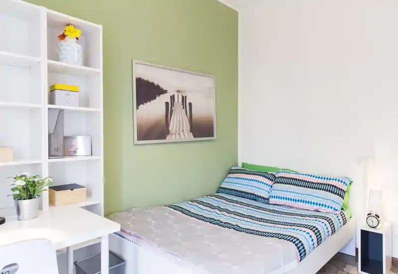 Camera da letto luminosa e ordinata con un letto matrimoniale, biancheria a fantasia, quadro alle pareti e una piccola scrivania con scaffali — accogliente e ben illuminata.