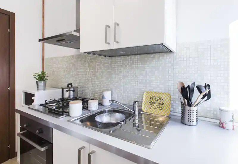 Compact modern kitchenette with stainless-steel sink, gas hob and wall-mounted cabinets; neat styling with utensils, a small plant and decorative plate.
