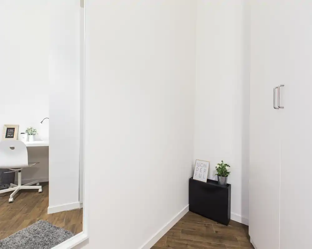 Ingresso minimalista e luminoso con pavimento in legno, una piccola decorazione con pianta e quadro e un accenno di area lavoro riflessa nello specchio.