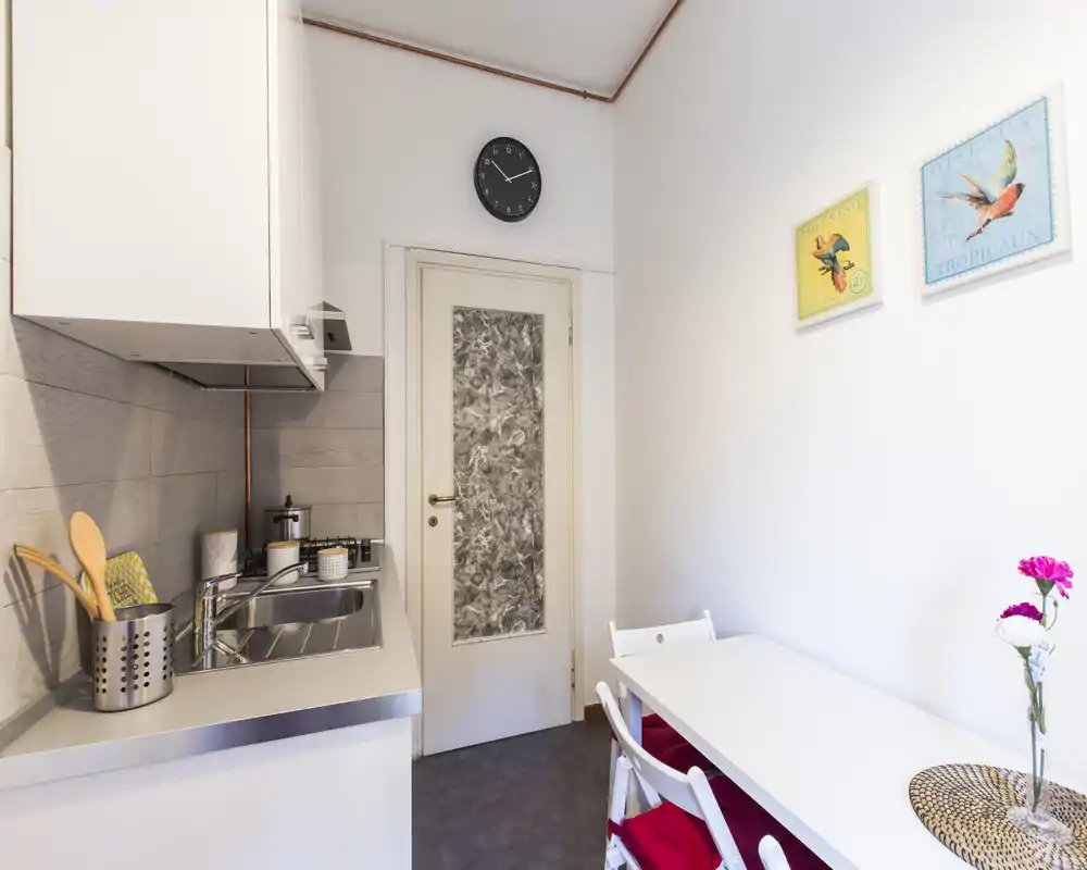 Compact, modern kitchen with a stainless steel sink, two-burner stove and a small dining table. Bright, neatly styled space ideal for a short-stay or city apartment.