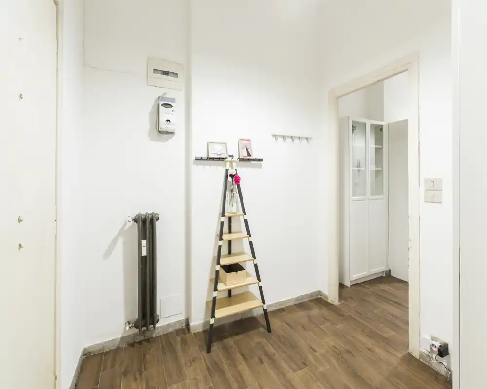 Small, well-lit entrance/hallway with wooden-style flooring, a decorative ladder shelf and wall hooks. Clean, minimal layout ideal for a compact apartment entry.