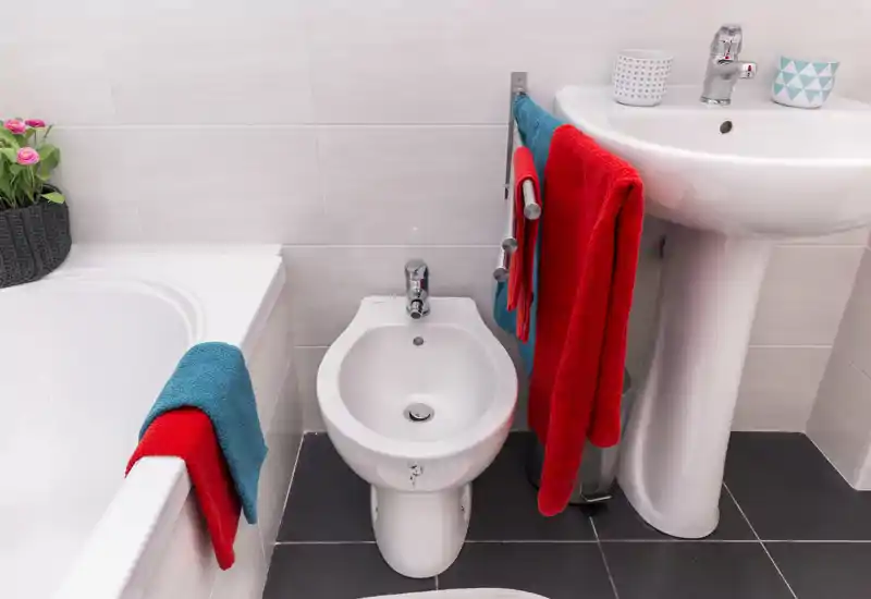 Compact, well-lit bathroom view showing a bidet between a bathtub and a pedestal sink, with colorful towels and clean floor tiles.