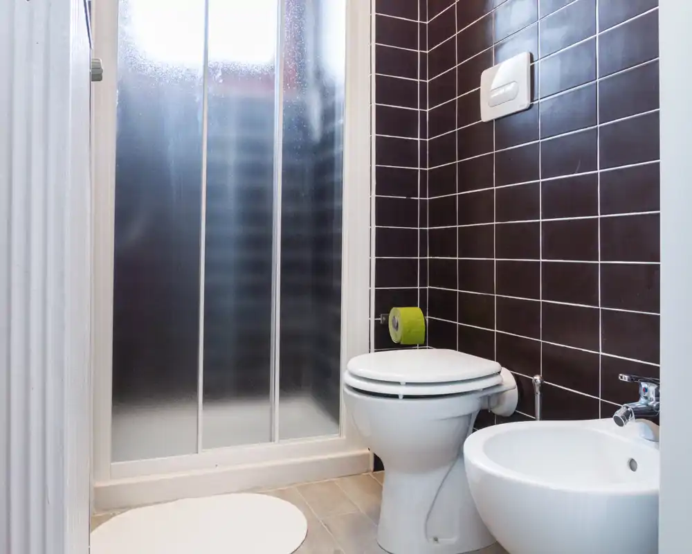 Baño compacto y moderno con inodoro y bidé blancos, mampara de ducha translúcida y pared de azulejos oscuros que aportan un aspecto limpio y contemporáneo.