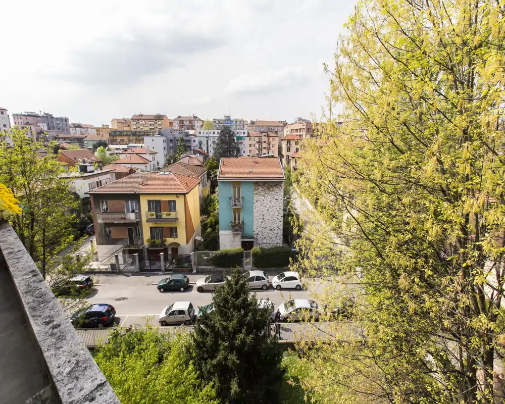 City-facing balcony view showing neighboring houses, parked cars and leafy trees — ideal to showcase outdoor light and neighborhood context.