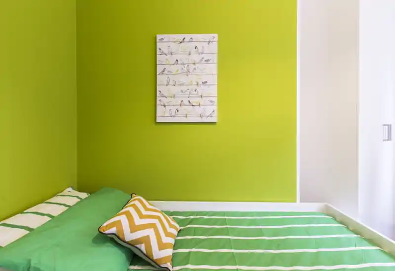 Bright, compact bedroom with a green color scheme: a striped green bed with pillows against a lime wall and a simple wall art above. The room feels fresh and well-styled, ideal for a single occupant.