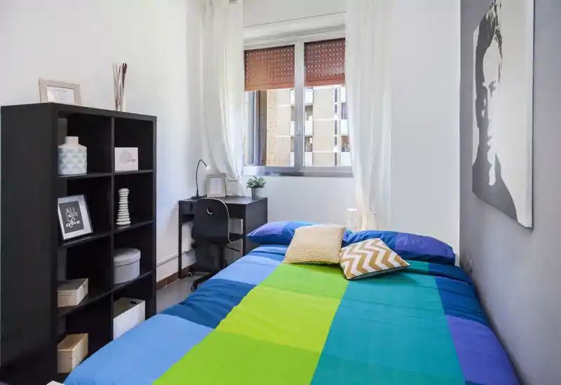 Bright, neatly styled bedroom with a double bed dressed in colorful bedding, a shelving unit, and a small desk by the window — ideal for a single occupant or couple.