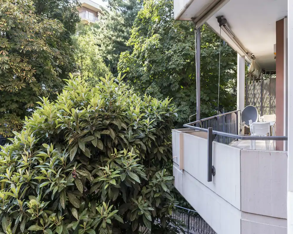 Sunny balcony with seating and a view over lush green trees — a peaceful outdoor spot for relaxing or a morning coffee.
