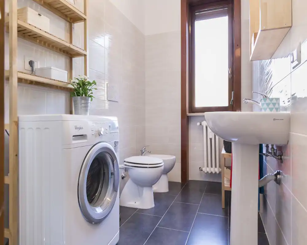 Bright, modern bathroom with a pedestal sink, toilet and bidet, plus a front-loading washing machine and wooden shelving for storage.