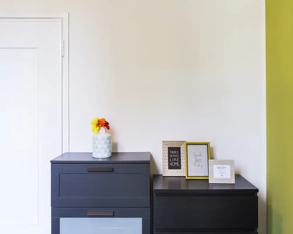 Angolo minimale con due cassettoni scuri e piccole cornici poggiate sopra; dettagli moderni e un vaso con fiori vivaci che aggiunge colore.