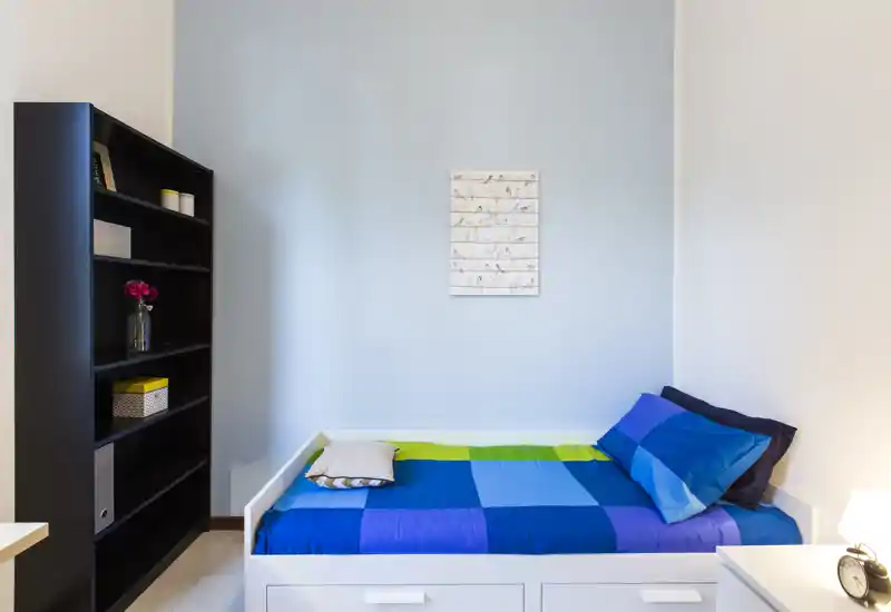 Neat single bedroom with a white daybed dressed in blue patchwork linens, a tall black bookshelf and soft, even lighting — a bright, compact space ideal for a single occupant.