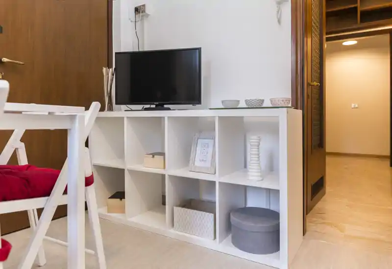 Neat living area with a white cube shelving unit, small TV and decorative accents; clean, well-lit and simply styled, ideal for compact rentals.