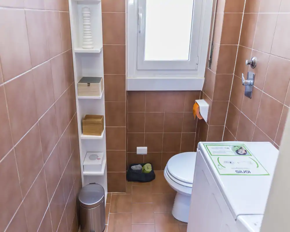 Baño pequeño y ordenado con azulejos terracota, inodoro, estantería estrecha y lavadora. Ventana que aporta luz natural y aspecto limpio.