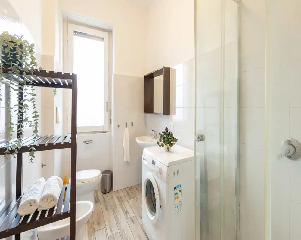 Bright, modern bathroom with a glass shower, toilet, sink and a washing machine integrated under a countertop; wooden shelving and potted plants add a fresh touch.