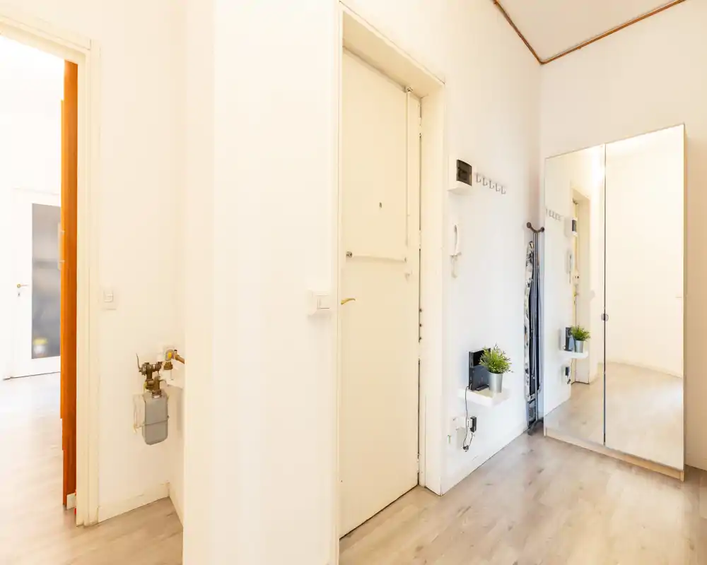 Bright and tidy entrance hallway with a full-length mirrored wardrobe, wall hooks and light wood flooring — a welcoming arrival space.
