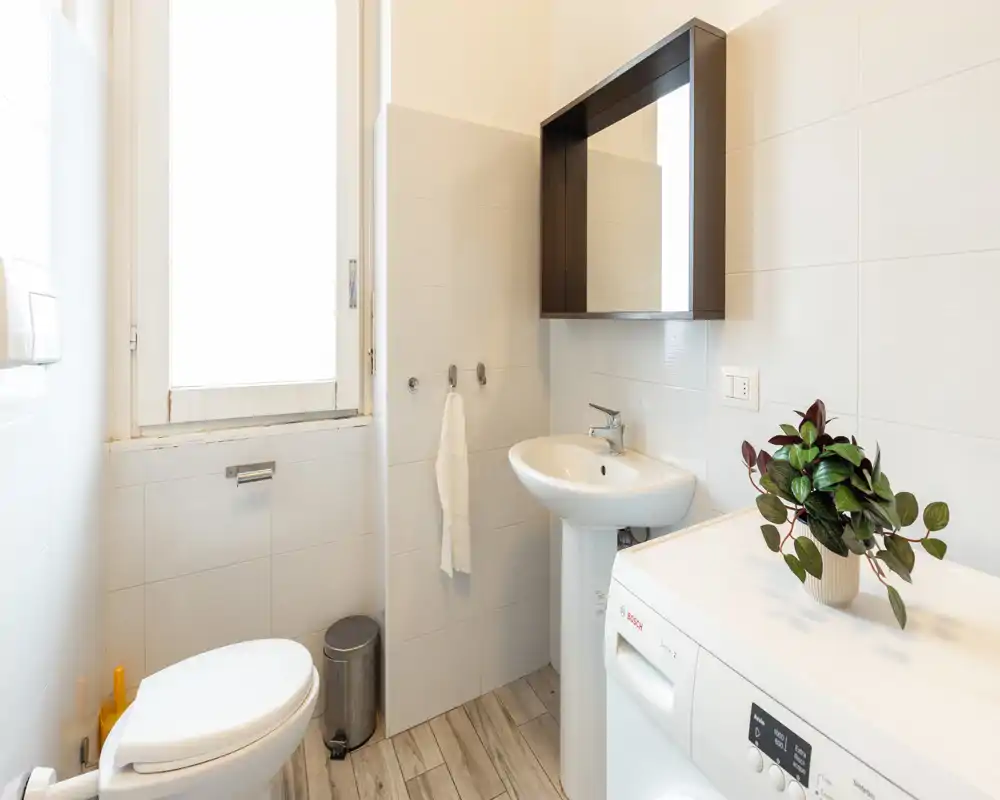 Bright, clean bathroom with a pedestal sink, mirror cabinet, toilet and a washing machine; light tiles and natural window light create an airy feel.