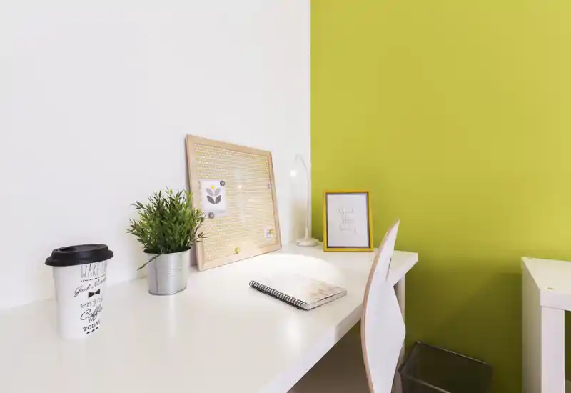 Bright, minimal workspace with a white desk, decorative plant, notebook and a small framed print — a neat corner ideal for focused work or study.