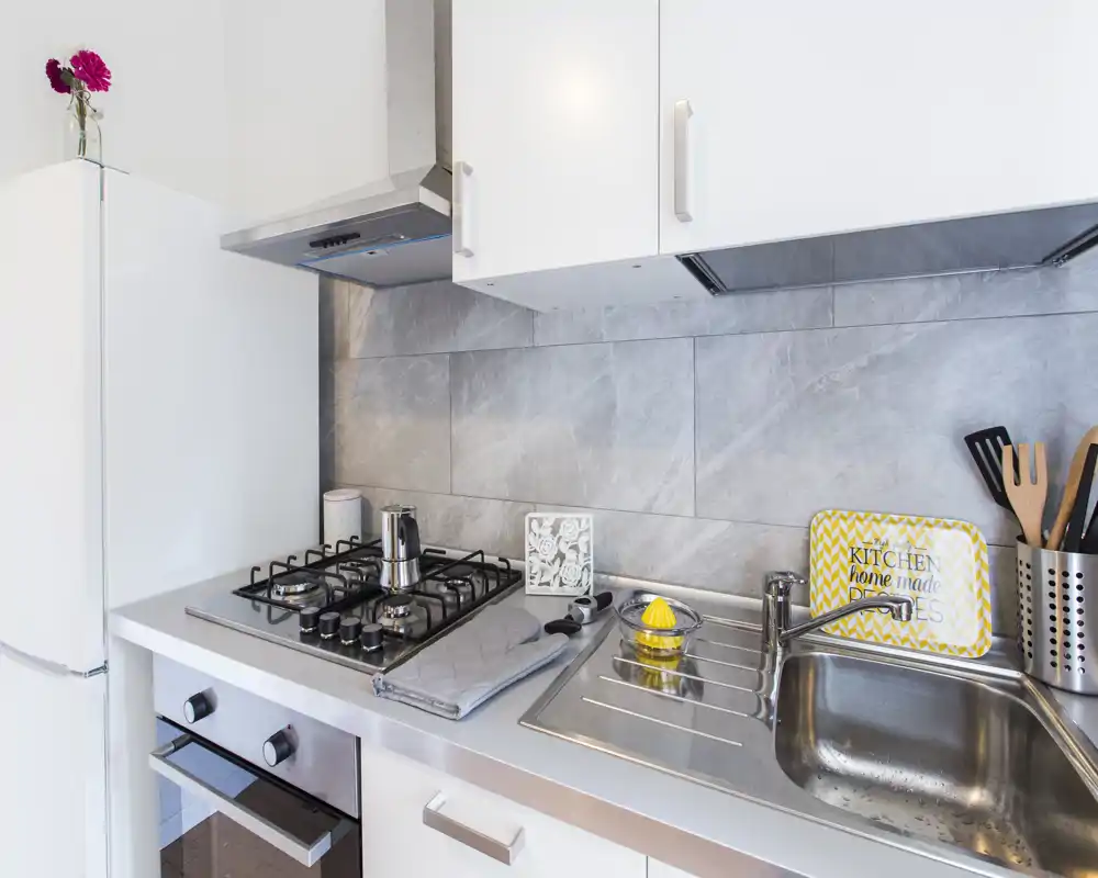Cocina moderna y compacta con fregadero de acero inoxidable, placa de gas y muebles blancos. Pequeños detalles decorativos y superficies luminosas hacen el espacio acogedor y funcional.