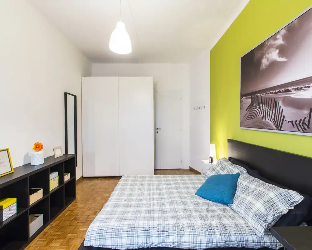 Dormitorio luminoso y bien decorado con una amplia cama doble, ropa de cama a cuadros y una pared de acento llamativa. Armario, estantería y cuadro crean un ambiente limpio y acogedor.