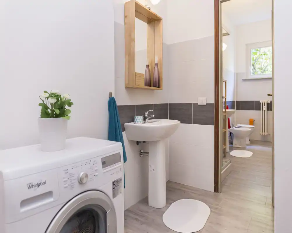 Clean, modern bathroom with a pedestal sink, visible toilet in the adjoining room, washing machine and light wood-style flooring.