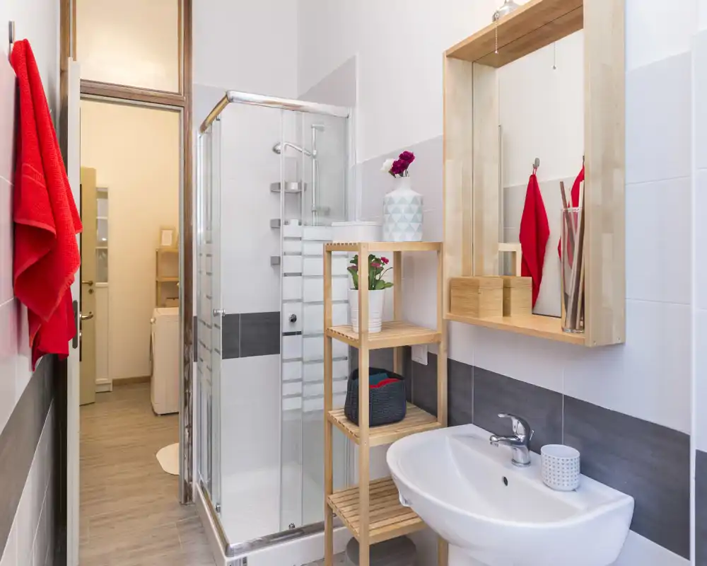 Bright, modern bathroom with a glass shower cabin, white sink and wooden shelving, styled with red towels and small decorative plants.