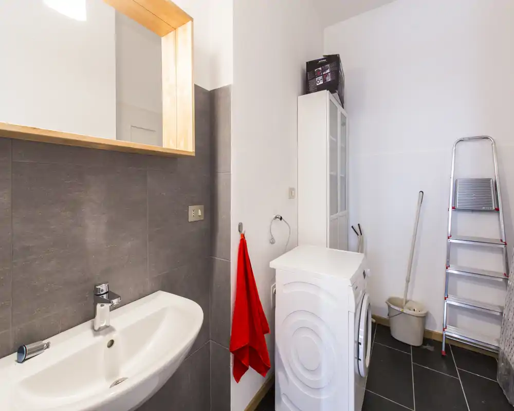 Salle de bain compacte avec lavabo blanc, miroir mural et lave-linge, agencée proprement avec carrelage sombre et murs clairs.