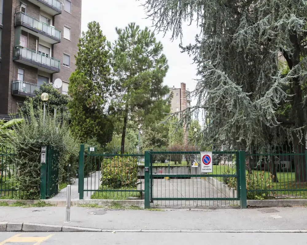 Espace extérieur clos avec jardin, arbres matures, arbustes et une allée pavée menant à la propriété.