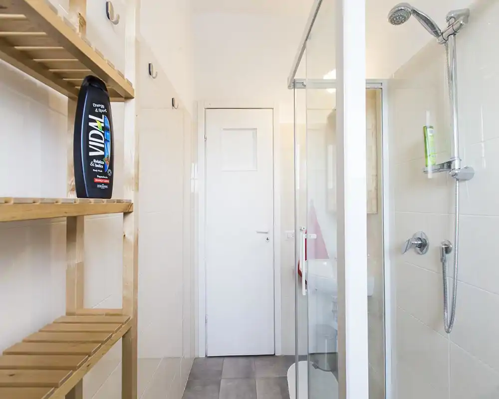 Bagno moderno e luminoso con cabina doccia in vetro, doccetta a mano, piastrelle chiare e una scaffalatura in legno per gli accessori.