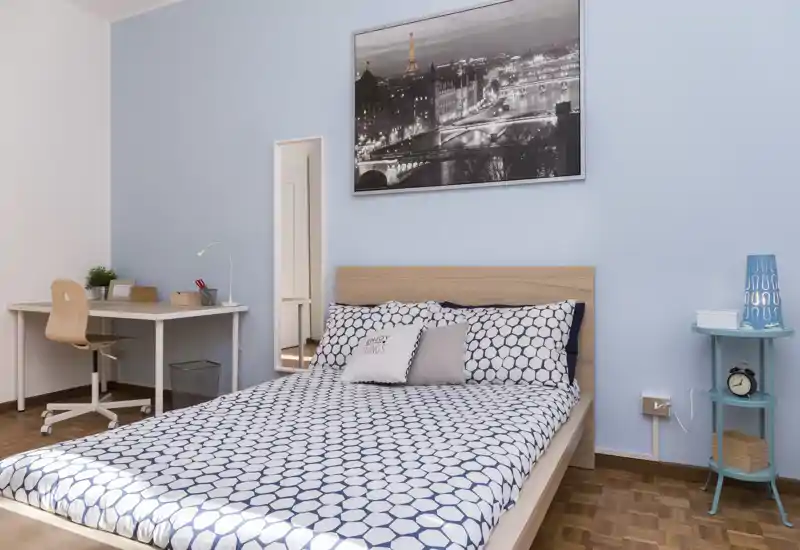 Bright, neatly styled bedroom with a double bed, patterned bedding, desk workspace and minimalist decor — ideal for a comfortable stay.