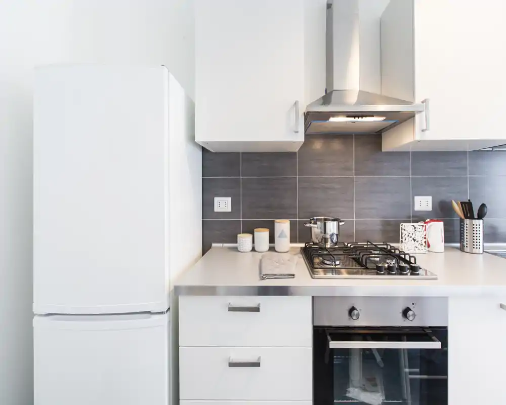 Cocina moderna y luminosa con placa de gas, campana inox, horno empotrado y frigorífico; superficies limpias y pequeños detalles decorativos que transmiten orden y funcionalidad.