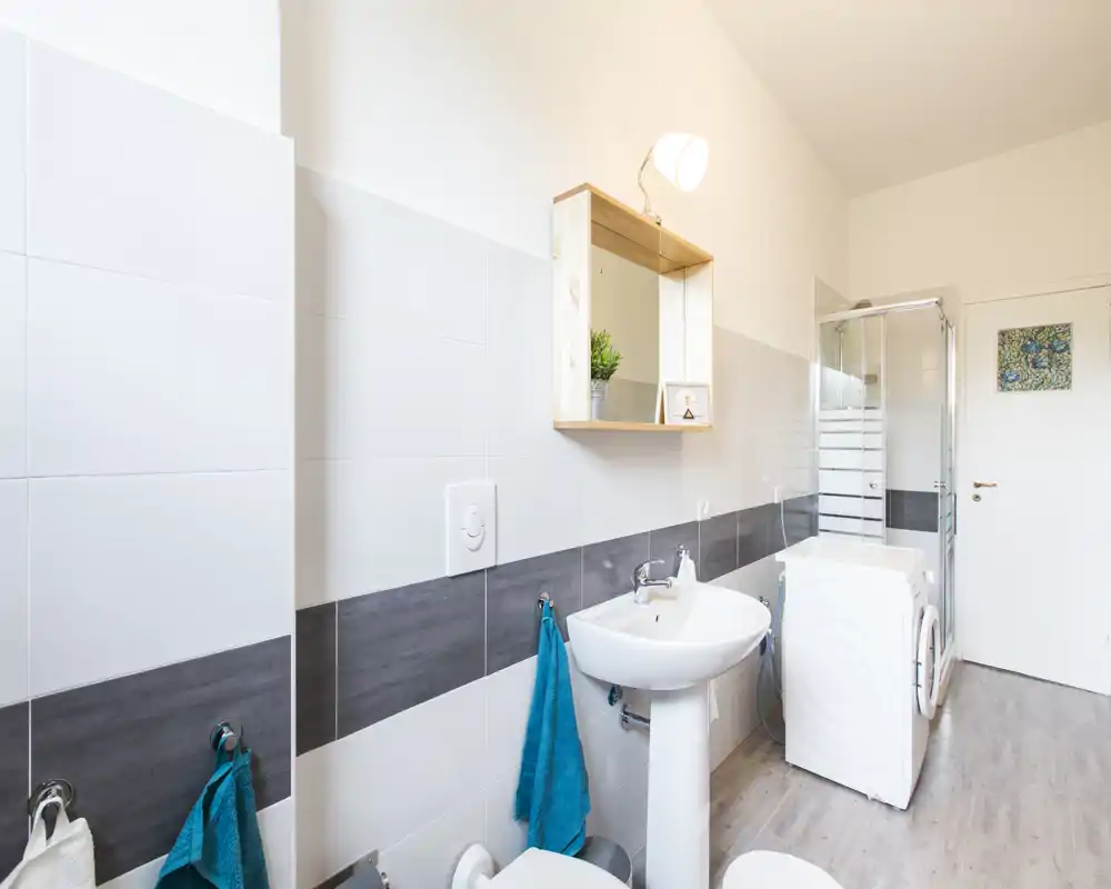 Baño moderno y luminoso con lavabo de pedestal, armario con espejo, ducha y lavadora; azulejos neutros y suelo de madera para un espacio funcional y limpio.