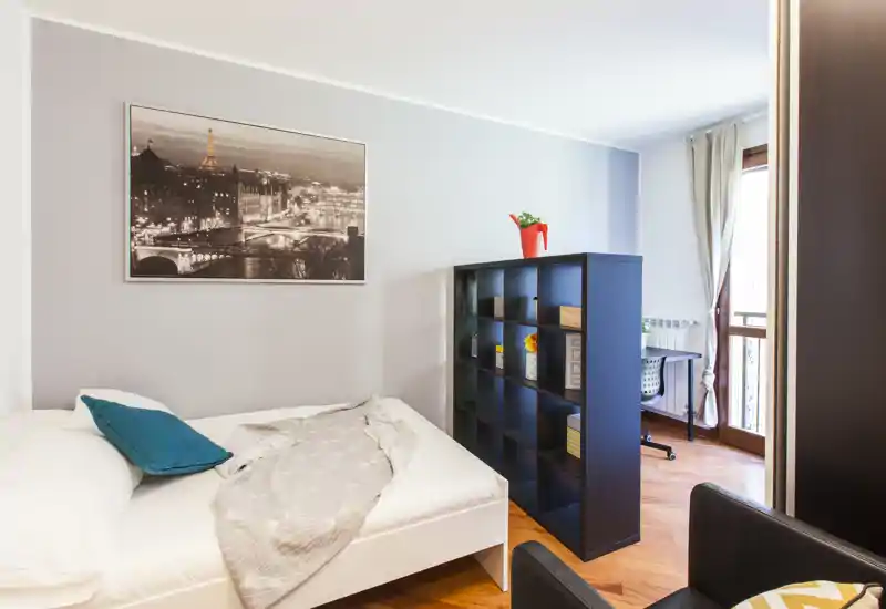 Bright, well-staged bedroom featuring a comfortable double bed, decorative cushion and a shelving unit used as a room divider; natural light from the window and warm wooden flooring create a welcoming atmosphere.