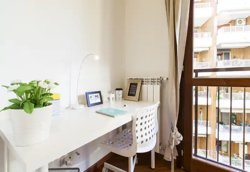 Bright, modern home-office corner with a white desk, chair, decorative plant and framed accents next to a large window offering natural light.