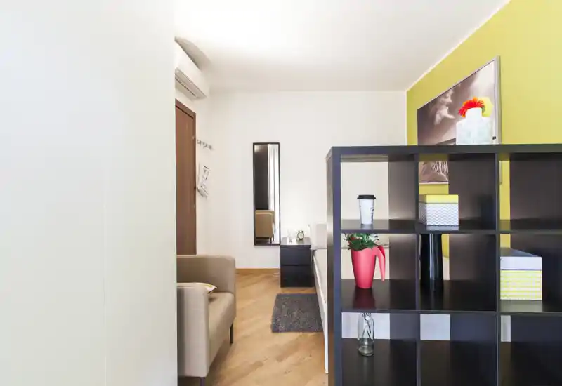 Bright, well-staged living area with a comfy armchair, decorative shelving used as a room divider, a small rug and tasteful accents—ideal for a cozy studio living space.