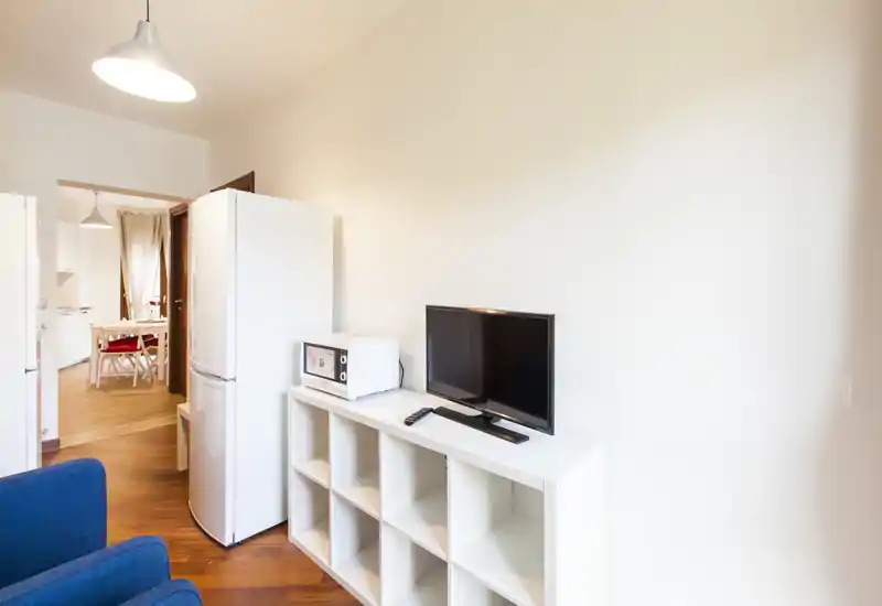 Petit séjour avec une télévision posée sur une étagère blanche et un micro-ondes, aperçu de la salle à manger au fond; parquet chaleureux et murs clairs pour un espace simple et fonctionnel.