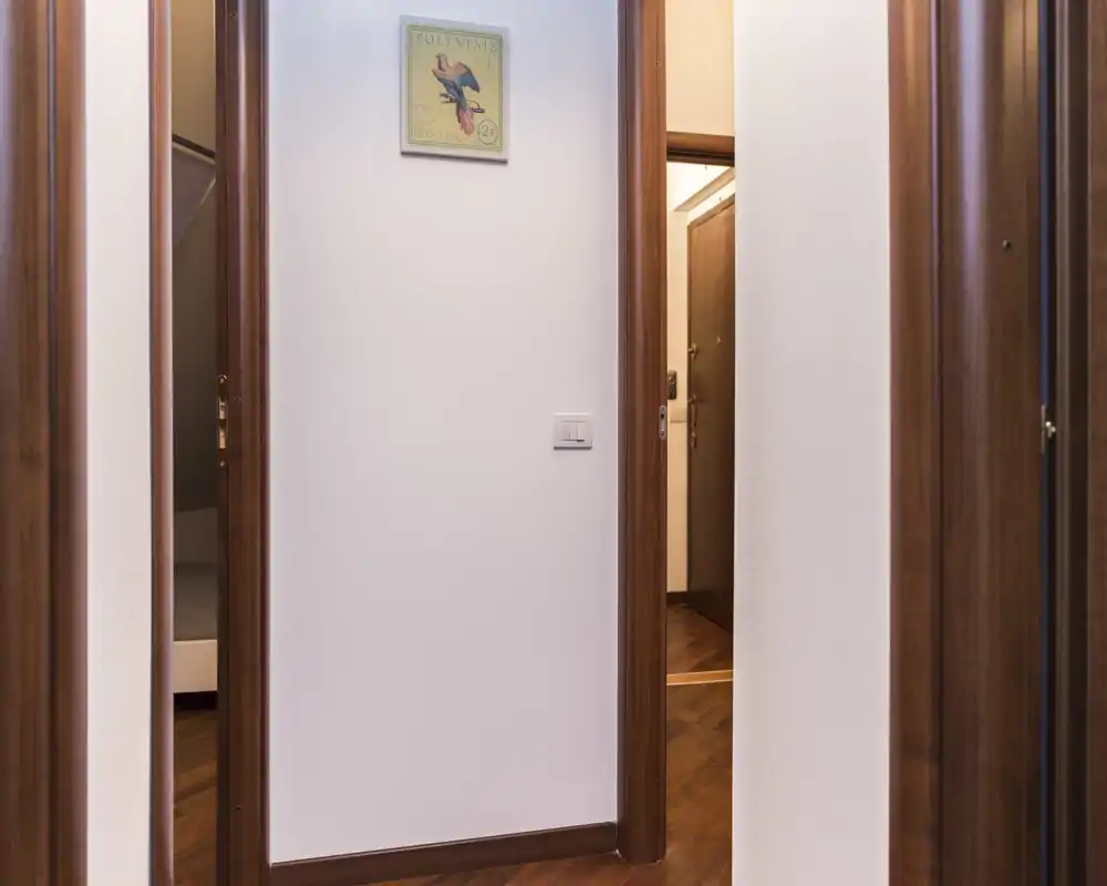 Entrada sencilla y bien iluminada con marcos de puertas de madera y suelo de parquet; paredes blancas limpias y una pequeña lámina decorativa que aporta calidez.