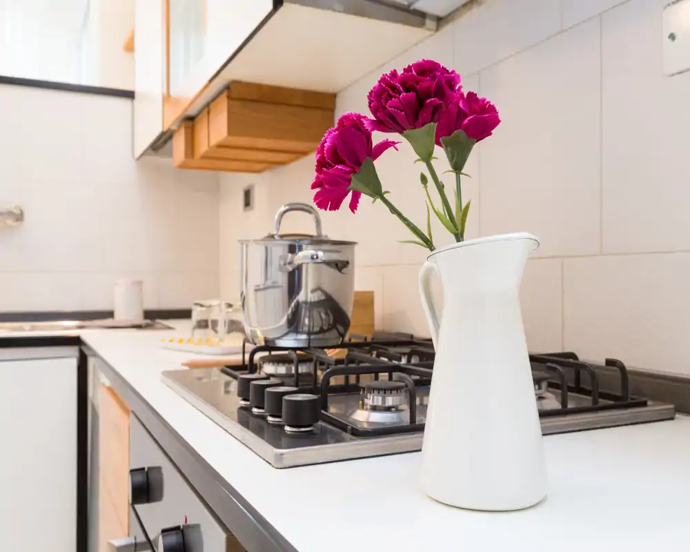 Angolo cucina moderno e luminoso con piano cottura a gas, pentola in acciaio e una brocca bianca con fiori rosa sul piano — area cottura pulita e ben curata.